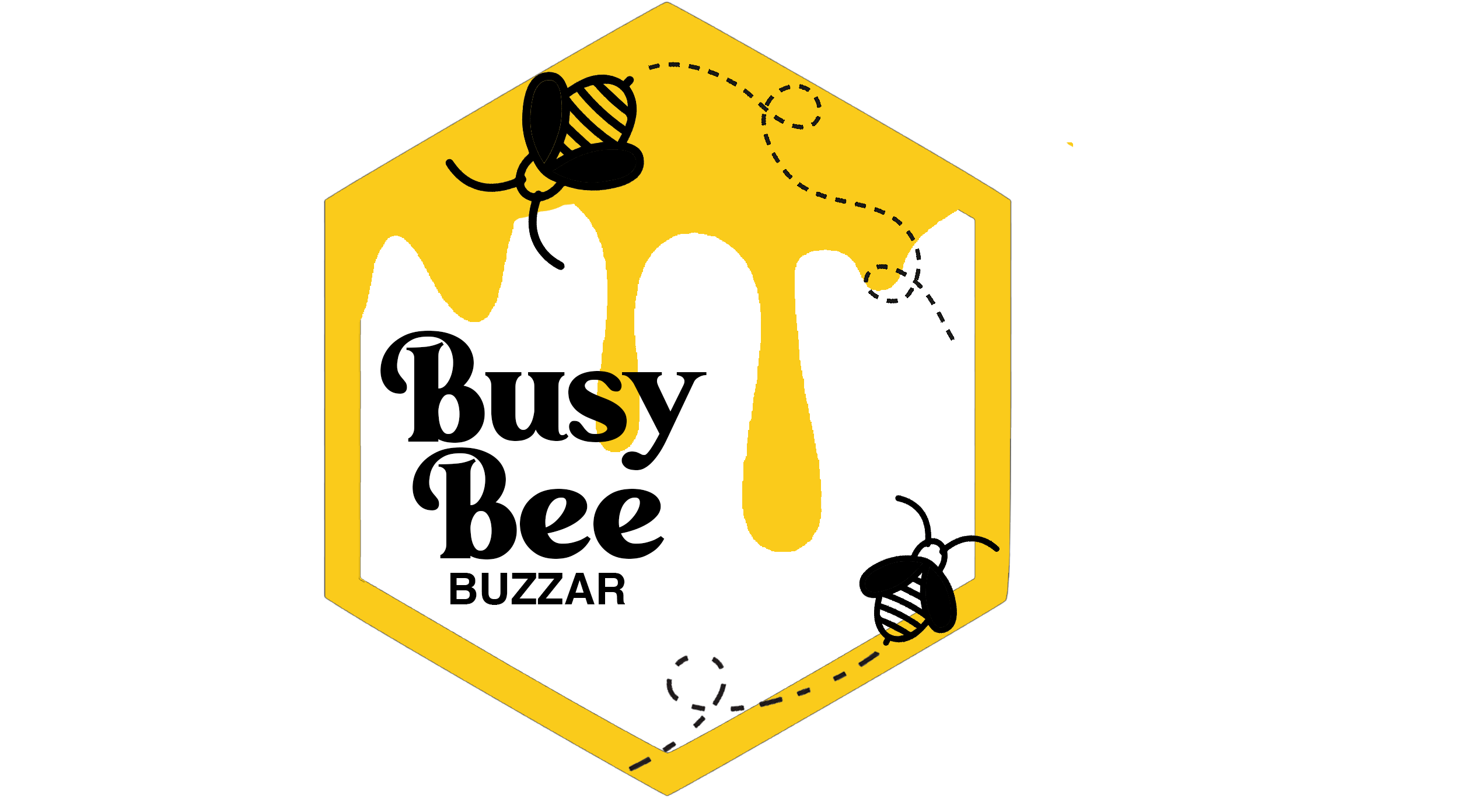 Be hive with two bees flying around with honey dripping down the hive which reads busy bee buzzar